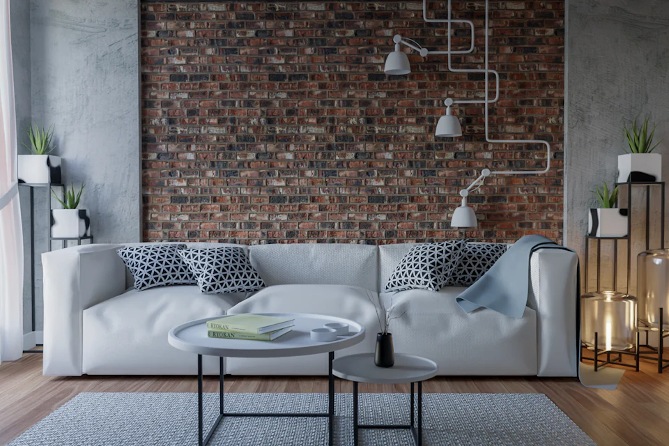 Sala de estar con pared de ladrillo visto