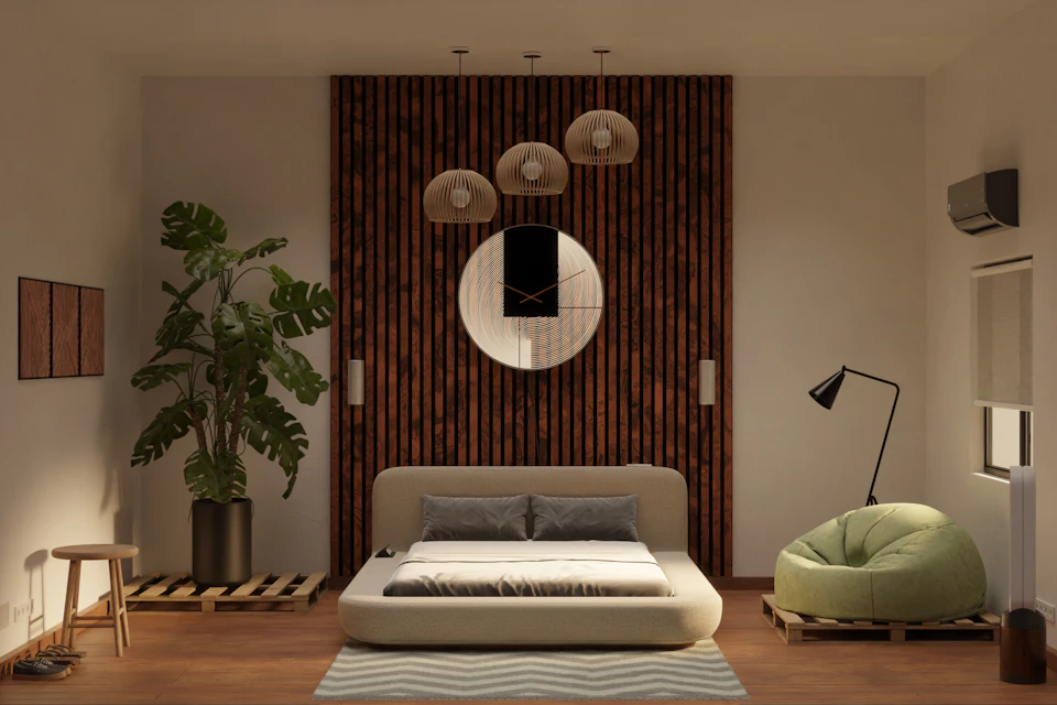 Dormitorio de estilo japandi con cama baja y espejo redondo