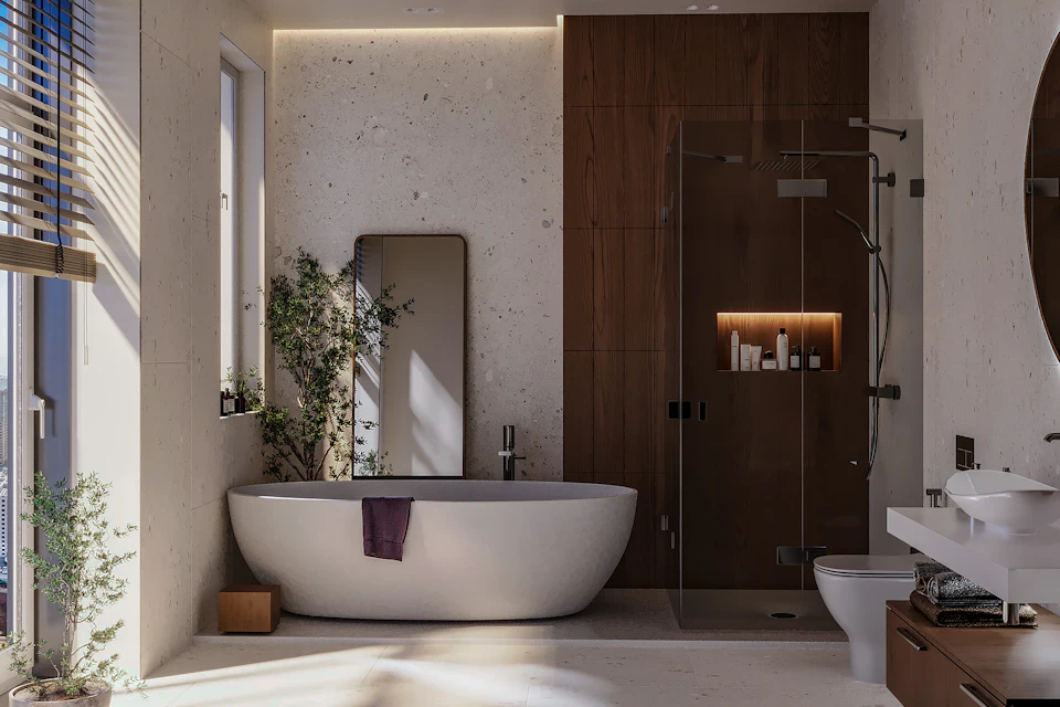 Baño con bañera, lavabo y una ventana grande
